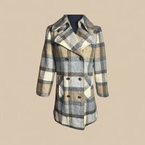 70's Deadstock Peacoat Brown Plaid Wool Coat sz S